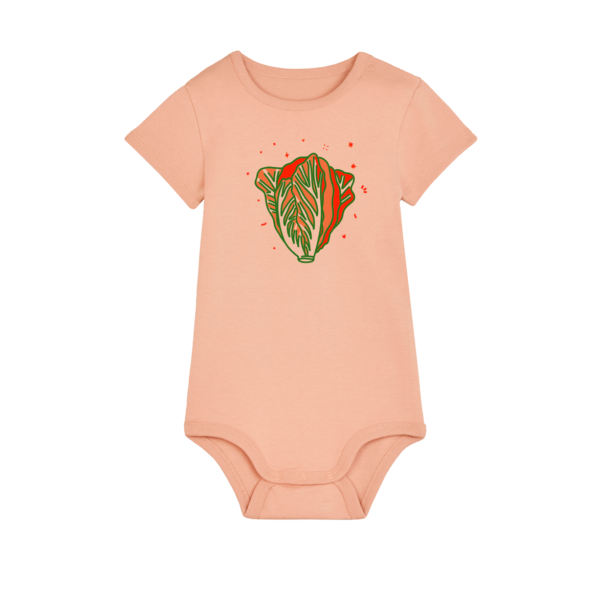 Reproducing the vibrant palette of the original artwork, this 210gsm Fresh Peach coloured 100% organic cotton baby bodysuit brings Niconico's lucky vibes into a beautiful wearable piece of art - a small Lucky Cabbage on the front and a full back Make Your Own Luck red envelope print on the back help you to bring a huge helping of good luck with you wherever your feet will carry you!