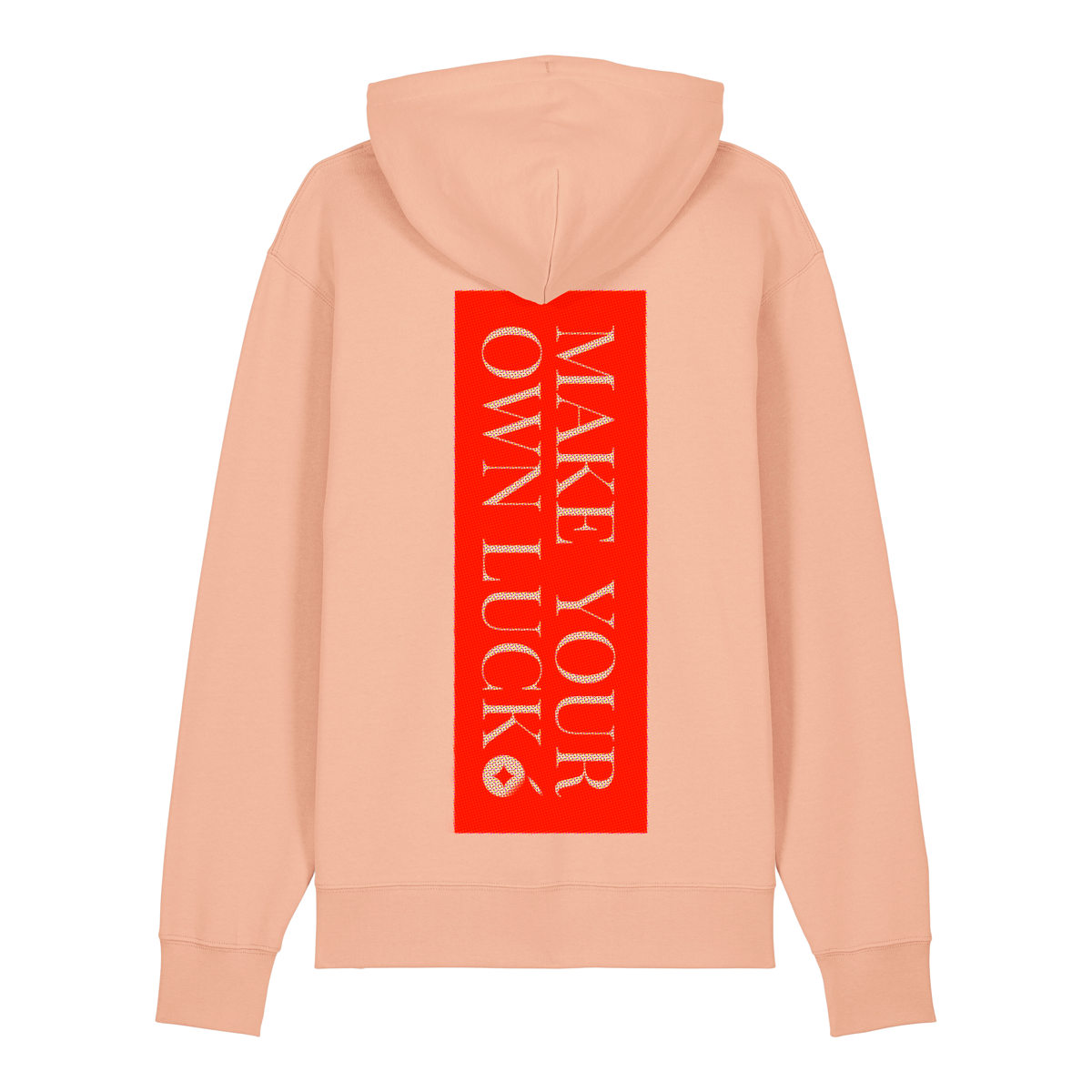 Reproducing the vibrant palette of the original artwork, this 350gsm Fresh Peach coloured 100% organic cotton adult hoody brings Niconico's lucky vibes into a beautiful wearable piece of art - a small Lucky Cabage on the front and a full back Make Your Own Luck red envelope print on the back help you to bring a huge helping of good luck with you wherever your feet will carry you!