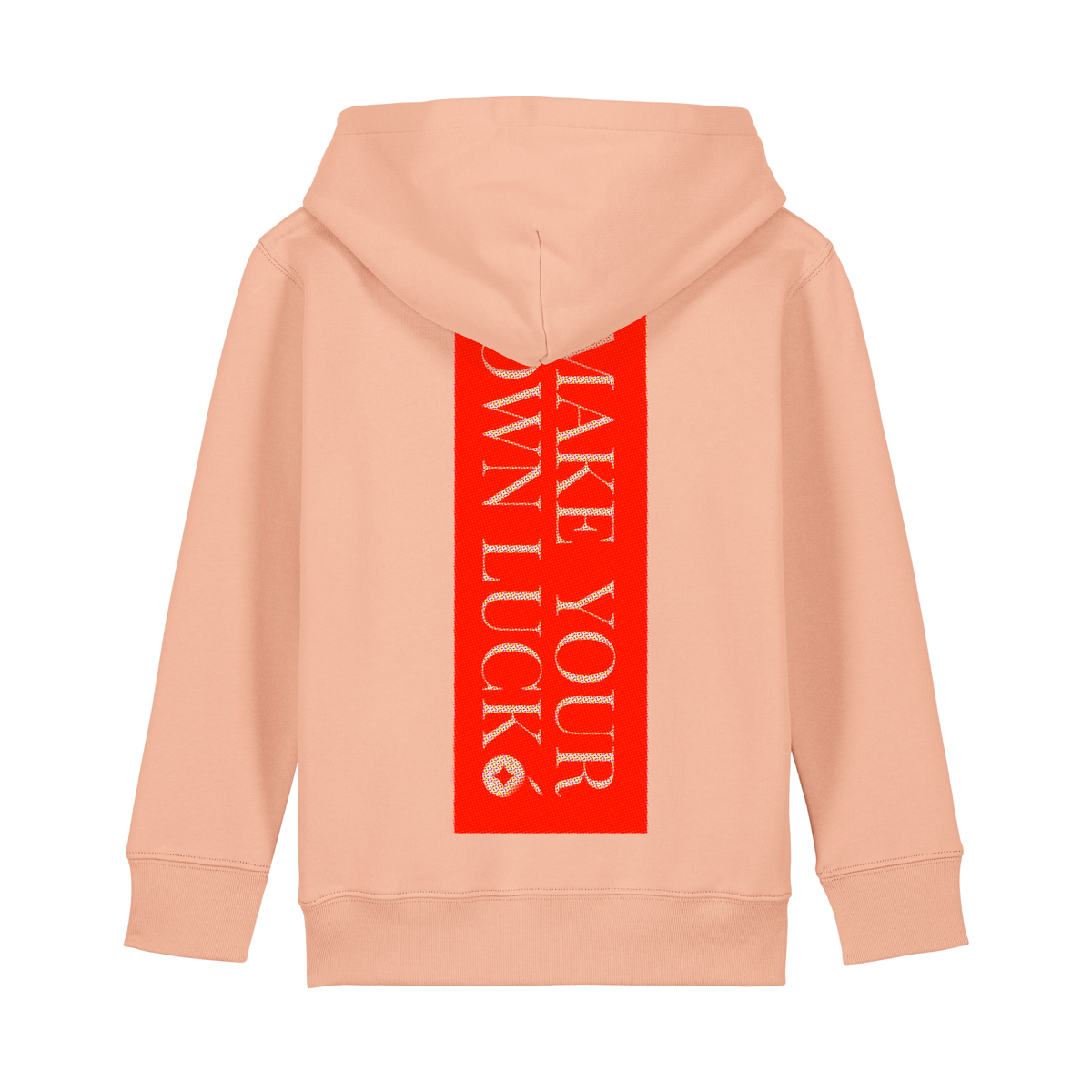 Reproducing the vibrant palette of the original artwork, this 300gsm Fresh Peach coloured 100% organic cotton adult hoody brings Niconico's lucky vibes into a beautiful wearable piece of art - a small Lucky Cat on the front and a full back Make Your Own Luck red envelope print on the back help you to bring a huge helping of good luck with you wherever your feet will carry you!