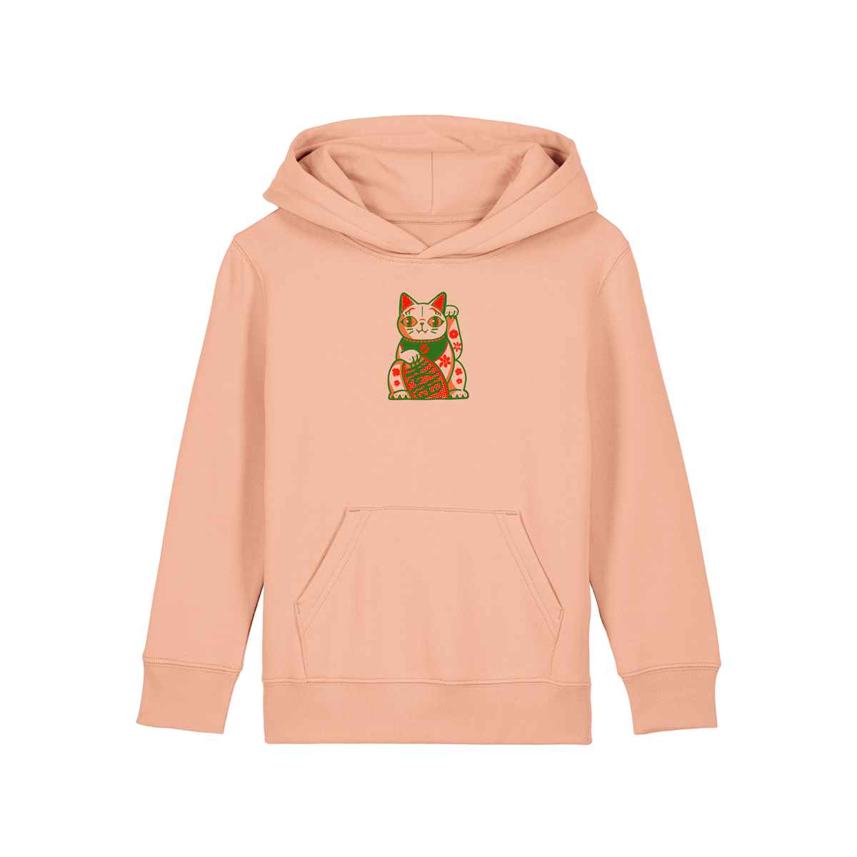 Reproducing the vibrant palette of the original artwork, this 300gsm Fresh Peach coloured 100% organic cotton adult hoody brings Niconico's lucky vibes into a beautiful wearable piece of art - a small Lucky Cat on the front and a full back Make Your Own Luck red envelope print on the back help you to bring a huge helping of good luck with you wherever your feet will carry you!