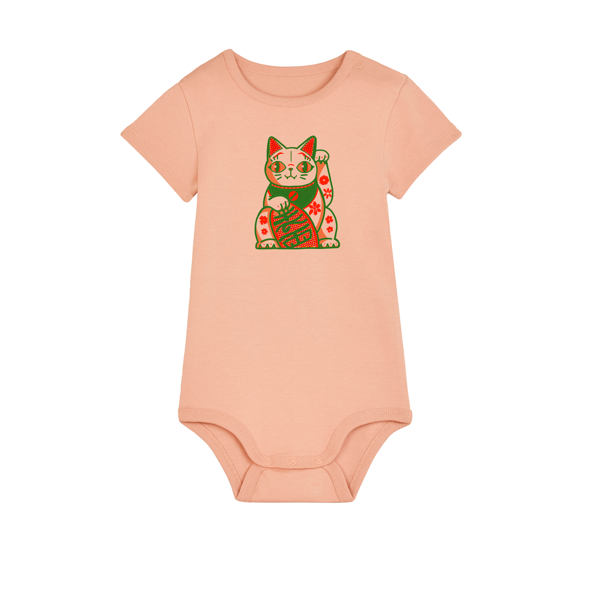 Reproducing the vibrant palette of the original artwork, this 210gsm Fresh Peach coloured 100% organic cotton baby bodysuit brings Niconico's lucky vibes into a beautiful wearable piece of art - a small Lucky Cat on the front and a full back Make Your Own Luck red envelope print on the back help you to bring a huge helping of good luck with you wherever your feet will carry you!
