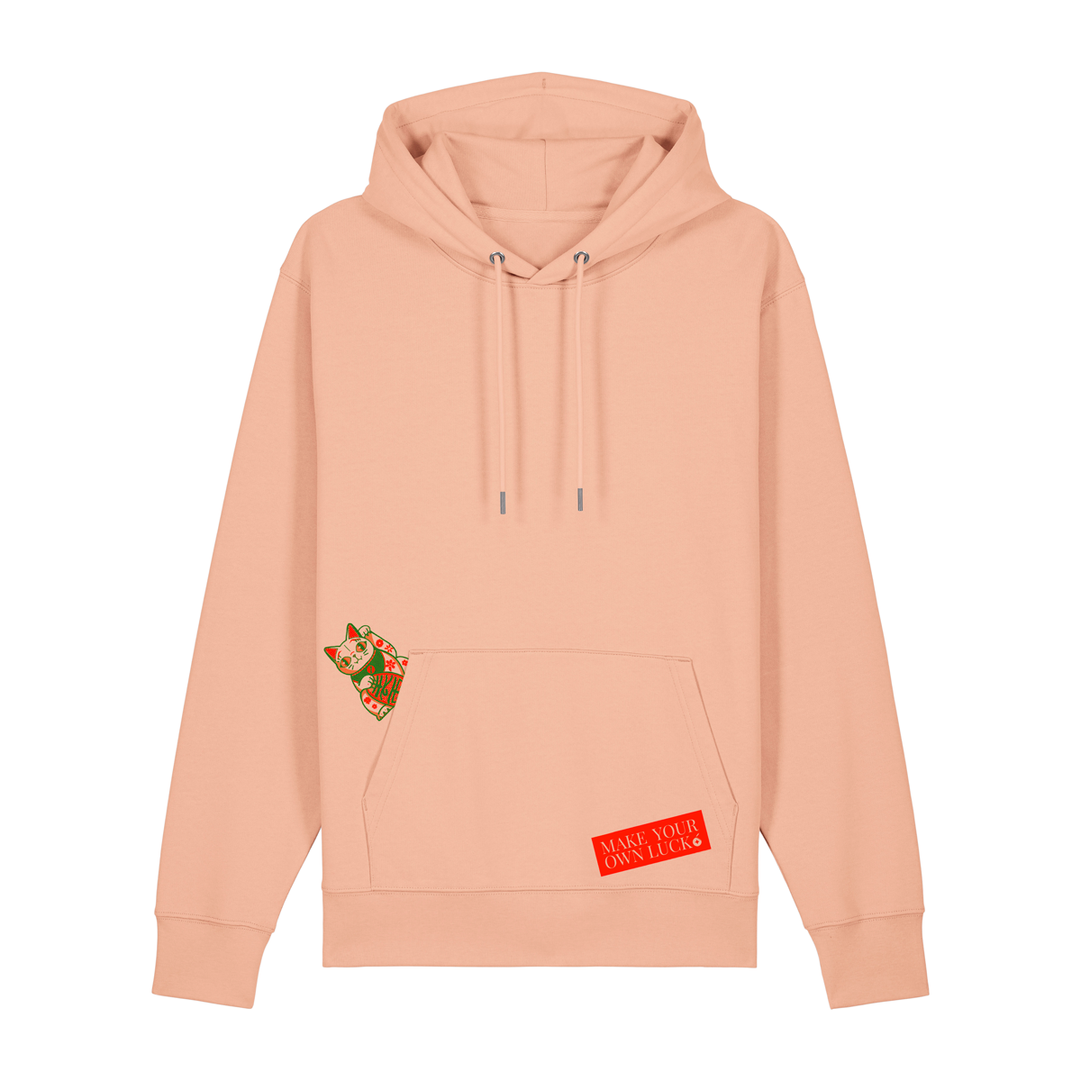 Reproducing the vibrant palette of the original artwork, this 350gsm Fresh Peach coloured 100% organic cotton adult hoody brings Niconico's lucky vibes into a beautiful wearable piece of art - a small Lucky Cabage on the front and a full back Make Your Own Luck red envelope print on the back help you to bring a huge helping of good luck with you wherever your feet will carry you!