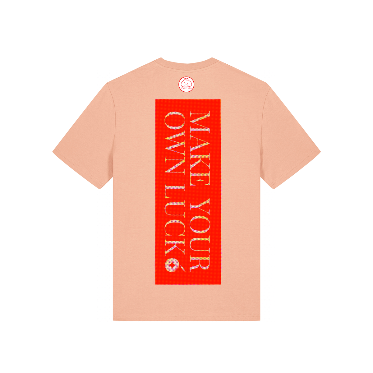Reproducing the vibrant palette of the original artwork, this 180gsm Fresh Peach coloured 100% organic cotton adult t-shirt brings Niconico's lucky vibes into a beautiful wearable piece of art - a small Lucky Cabage on the front and a full back Make Your Own Luck red envelope print on the back help you to bring a huge helping of good luck with you wherever your feet will carry you!