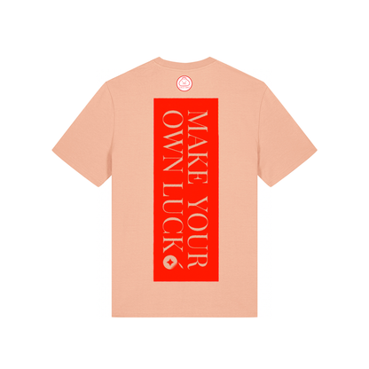Reproducing the vibrant palette of the original artwork, this 155gsm Fresh Peach coloured 100% organic cotton kid's t-shirt brings Niconico's lucky vibes into a beautiful wearable piece of art - a small Lucky Cabbage on the front and a full back Make Your Own Luck red envelope print on the back help you to bring a huge helping of good luck with you wherever your feet will carry you!