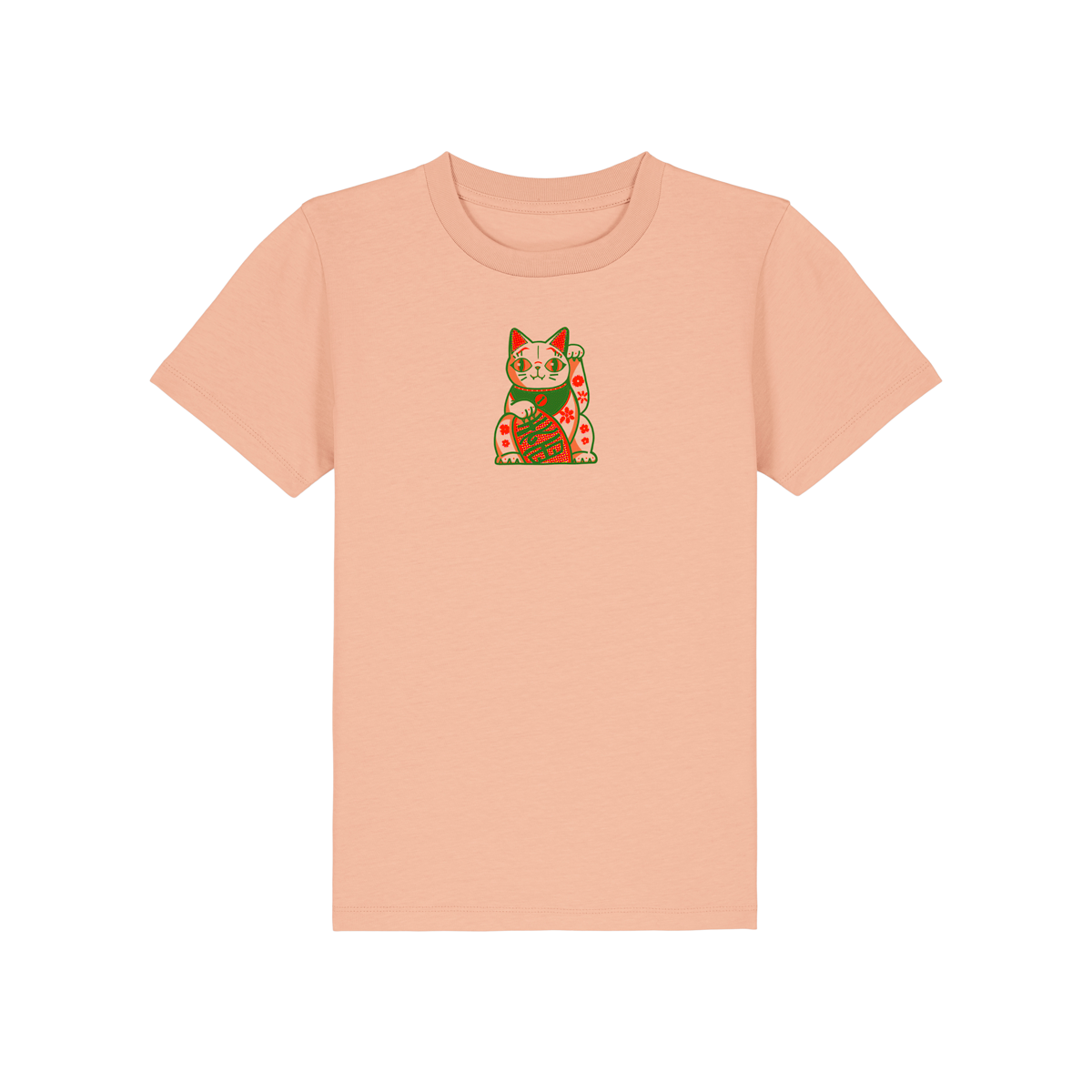 Reproducing the vibrant palette of the original artwork, this 155gsm Fresh Peach coloured 100% organic cotton kid's t-shirt brings Niconico's lucky vibes into a beautiful wearable piece of art - a small Lucky Cat on the front and a full back Make Your Own Luck red envelope print on the back help you to bring a huge helping of good luck with you wherever your feet will carry you!