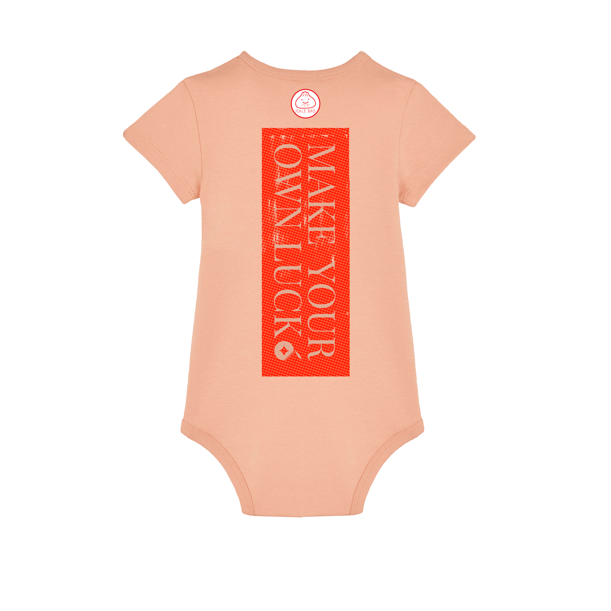 Reproducing the vibrant palette of the original artwork, this 210gsm Fresh Peach coloured 100% organic cotton baby bodysuit brings Niconico's lucky vibes into a beautiful wearable piece of art - a small Lucky Cat on the front and a full back Make Your Own Luck red envelope print on the back help you to bring a huge helping of good luck with you wherever your feet will carry you!