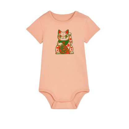 Reproducing the vibrant palette of the original artwork, this 210gsm Fresh Peach coloured 100% organic cotton baby bodysuit brings Niconico's lucky vibes into a beautiful wearable piece of art - a small Lucky Cat on the front and a full back Make Your Own Luck red envelope print on the back help you to bring a huge helping of good luck with you wherever your feet will carry you!